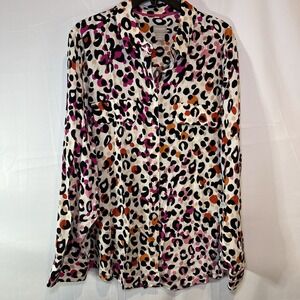 Women's Chico's Animal Print Long Sleeve Button Up Size 3 Shirt 16/18 Leopard
